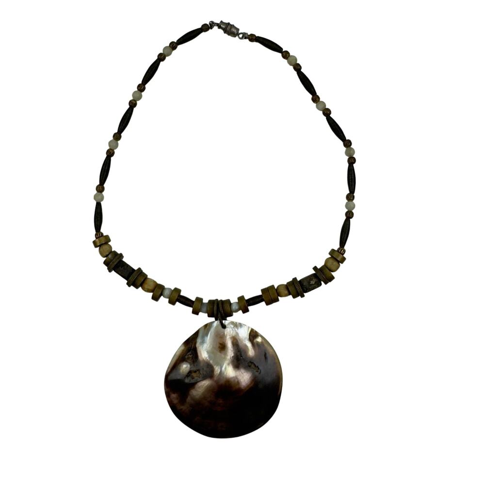 Vintage Large Shell Stone Wood Beaded Boho Resort Vacay Choker Necklace Women's